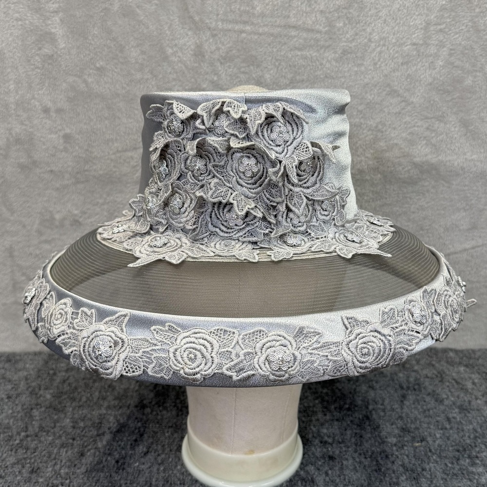 Ms Divine Hat Sun Women Silver Wide Brim Embroidered Floral Derby Church Wedding